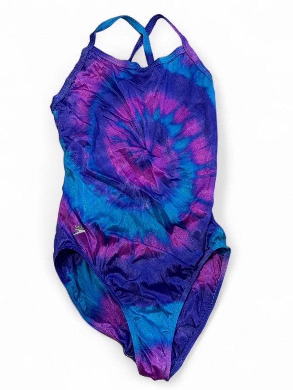 VTG 90s Speedo One Piece Swimsuit 36 12L Long Tie Dye Purple Blue Antron USA
